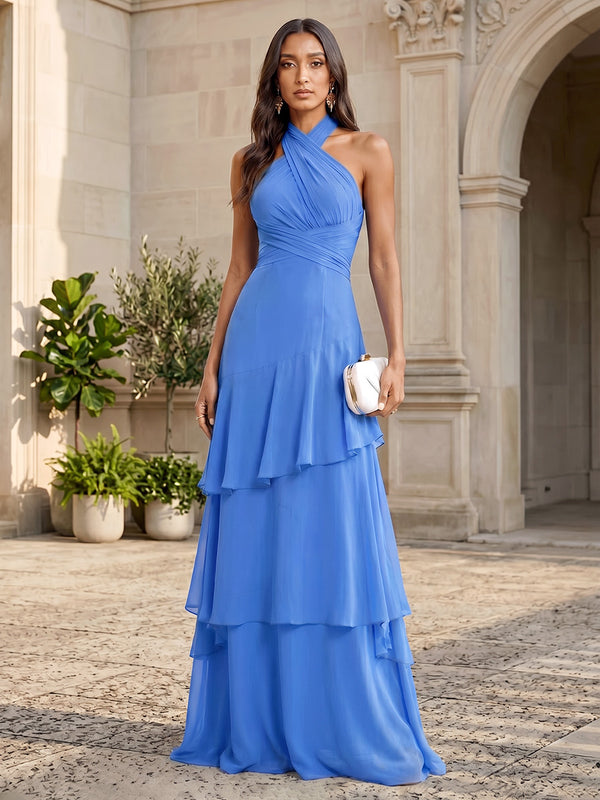 Chiffon A-Line/Princess Halter Floor-Length Formal Dresses with Tiered Layers
