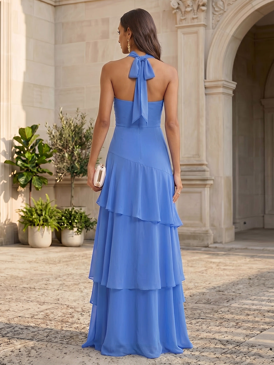 Chiffon A-Line/Princess Halter Floor-Length Formal Dresses with Tiered Layers