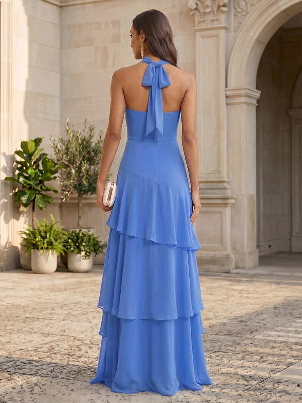 Chiffon A-Line/Princess Halter Floor-Length Formal Dresses with Tiered Layers
