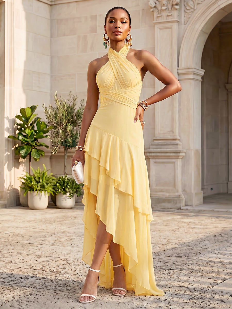 Chiffon A-Line/Princess Halter Floor-Length Formal Dresses with Tiered Layers & Ruffles