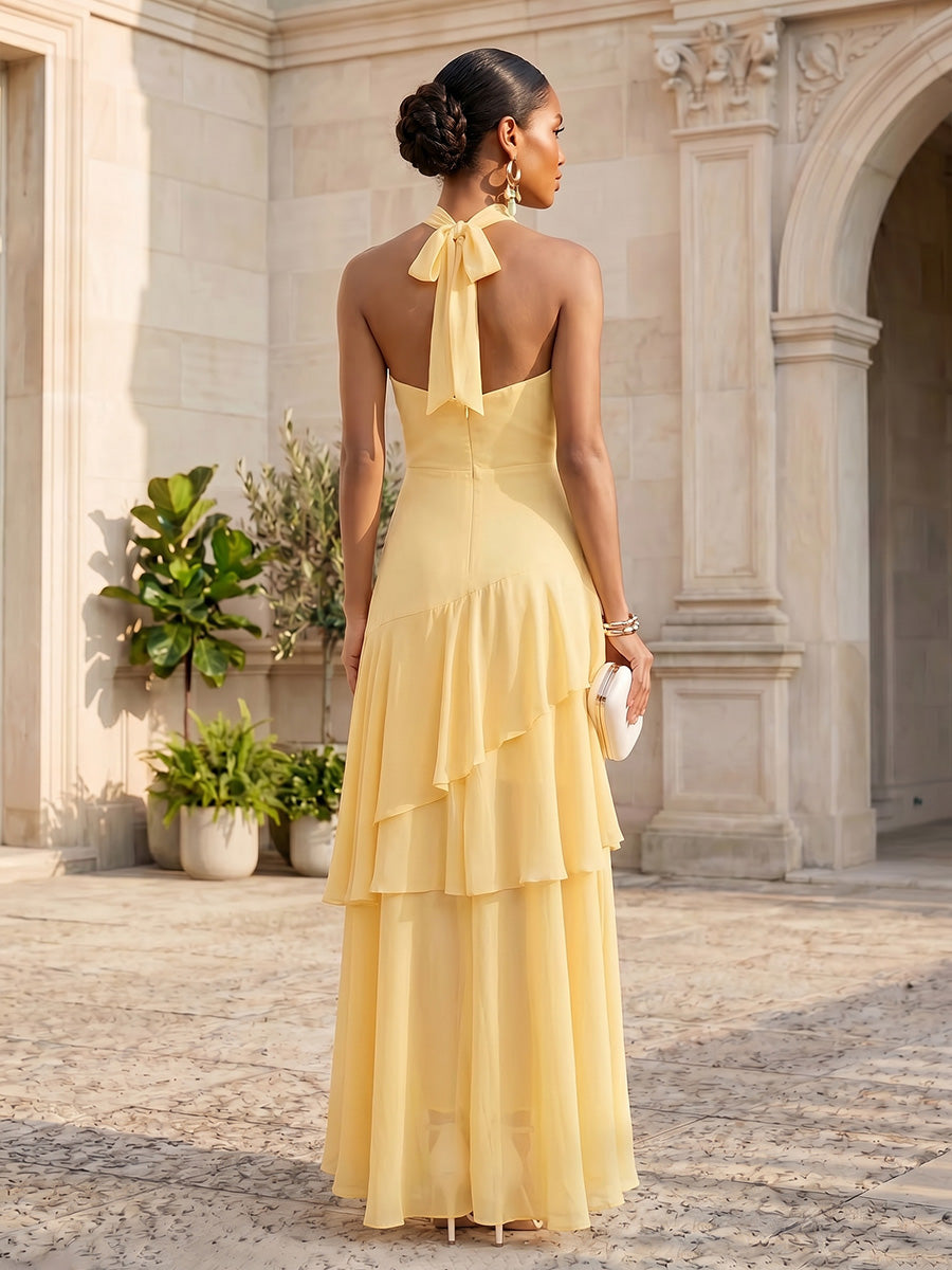 Chiffon A-Line/Princess Halter Floor-Length Formal Dresses with Tiered Layers & Ruffles