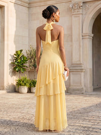 Chiffon A-Line/Princess Halter Floor-Length Formal Dresses with Tiered Layers & Ruffles