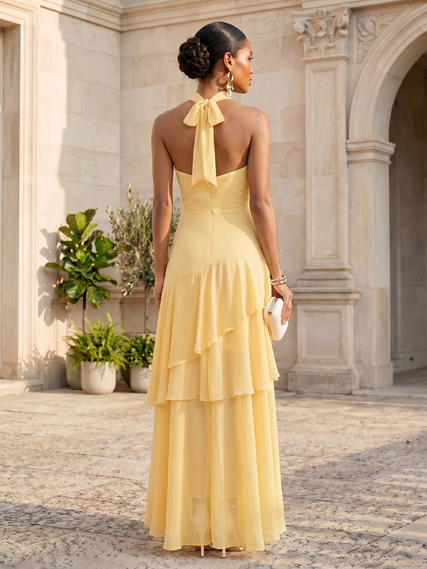 Chiffon A-Line/Princess Halter Floor-Length Formal Dresses with Tiered Layers & Ruffles