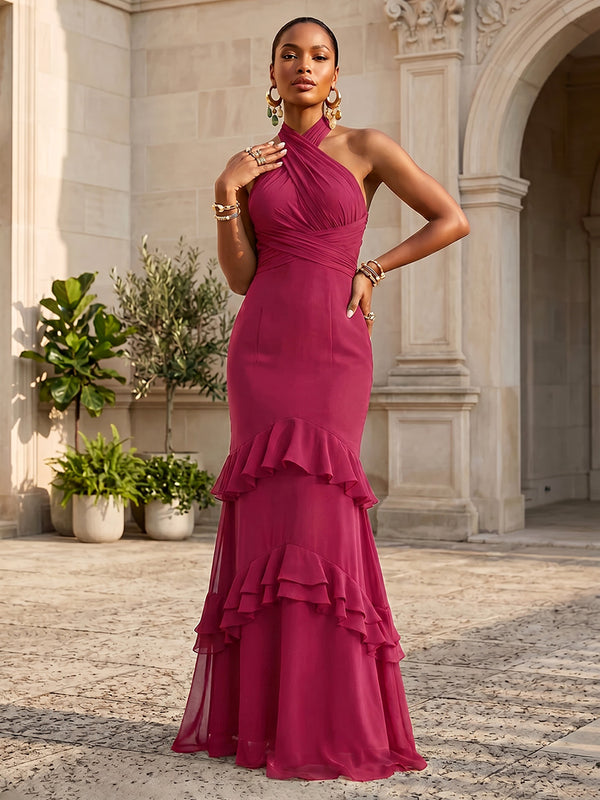 Chiffon Mermaid/Trumpet Halter Floor-Length Formal Dresses with Tiered Layers & Ruffles