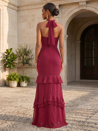 Chiffon Mermaid/Trumpet Halter Floor-Length Formal Dresses with Tiered Layers & Ruffles