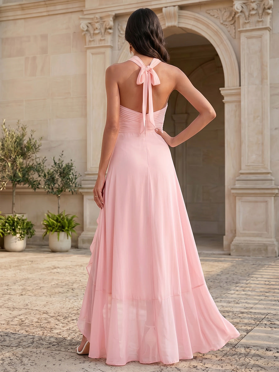 Chiffon A-Line/Princess Halter Floor-Length Formal Dresses with Ruffles & Slit
