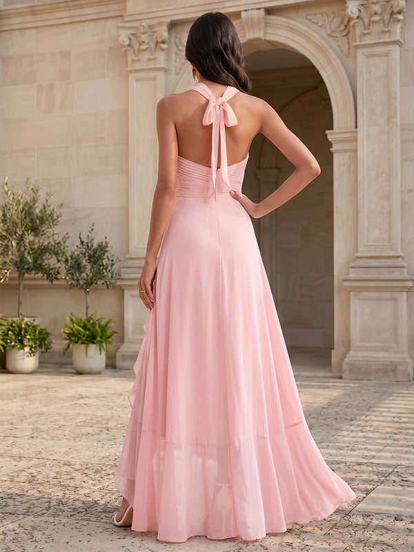 Chiffon A-Line/Princess Halter Floor-Length Formal Dresses with Ruffles & Slit
