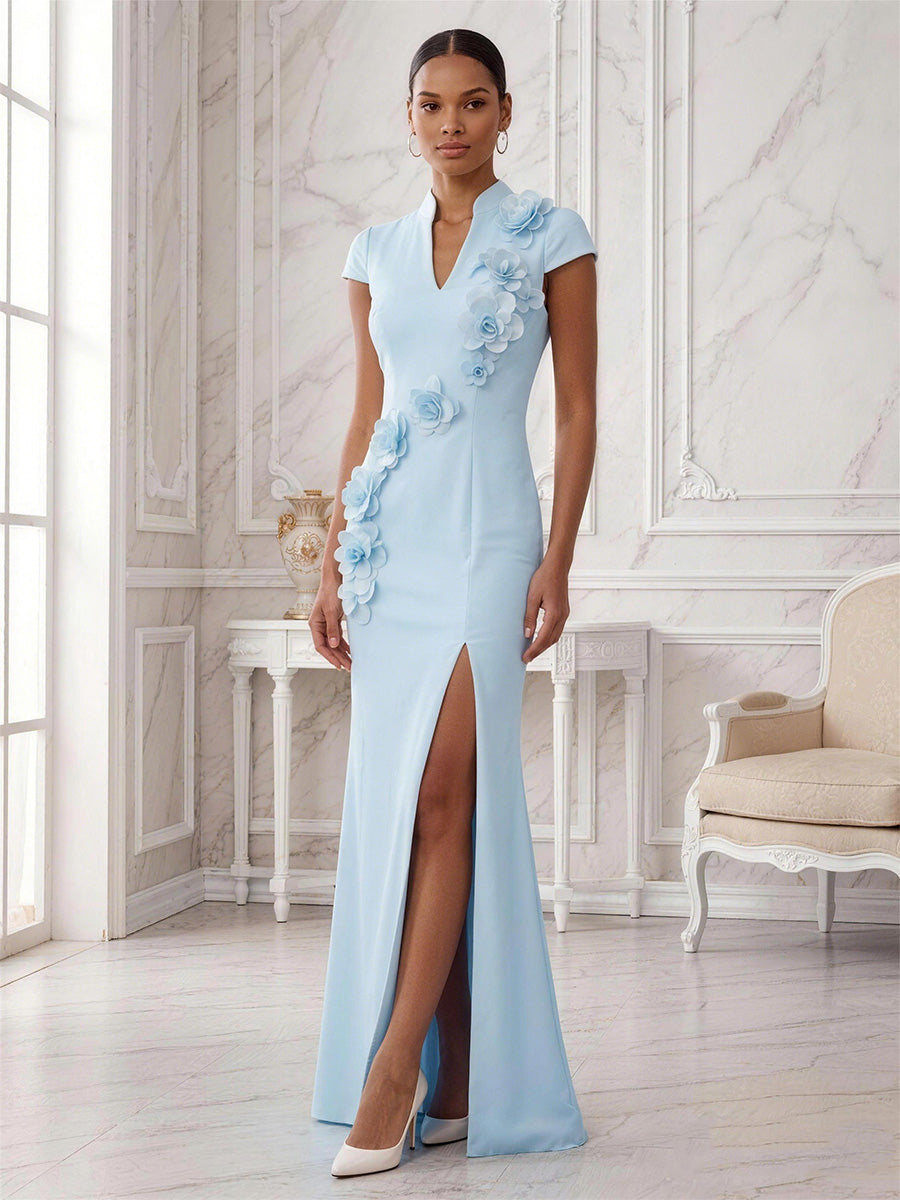 Stretch Mesh Sheath/Column V-Neck Floor-Length Formal Dresses with 3D Flowers & Slit