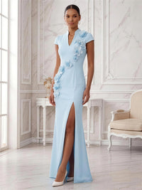Stretch Mesh Sheath/Column V-Neck Floor-Length Formal Dresses with 3D Flowers & Slit