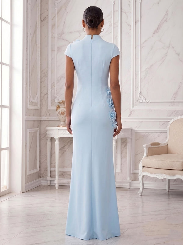 Stretch Mesh Sheath/Column V-Neck Floor-Length Formal Dresses with 3D Flowers & Slit