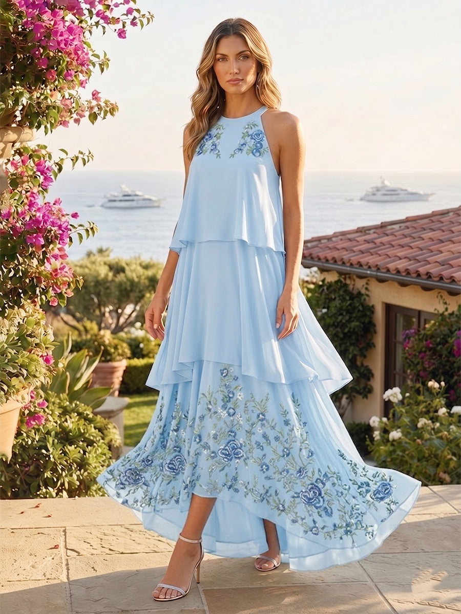 Chiffon A-Line/Princess Scoop Neck High-Low Formal Dresses with Tiered Layers & Flower