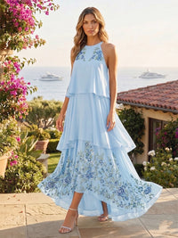 Chiffon A-Line/Princess Scoop Neck High-Low Formal Dresses with Tiered Layers & Flower