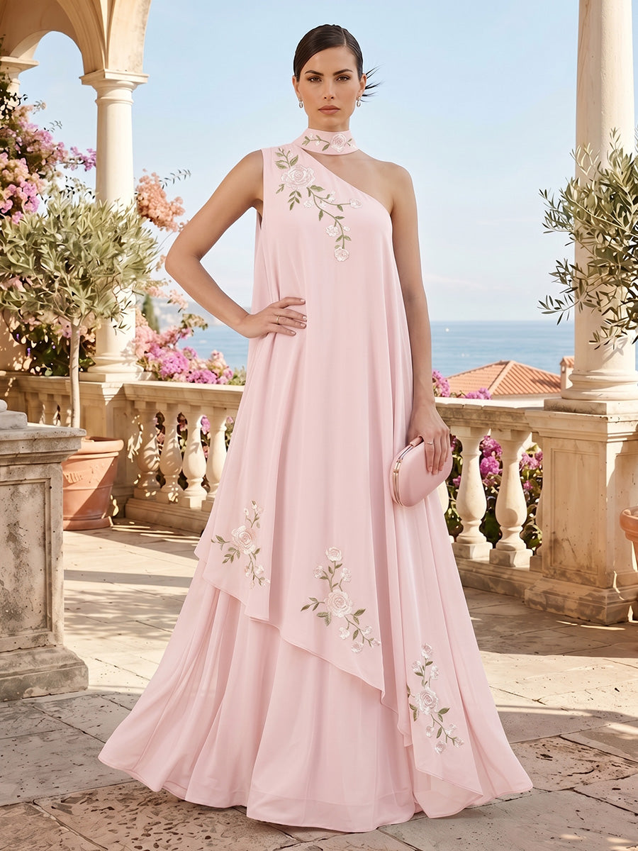 Chiffon A-Line/Princess One Shoulder Floor-Length Formal Dresses with Floral Embroidery