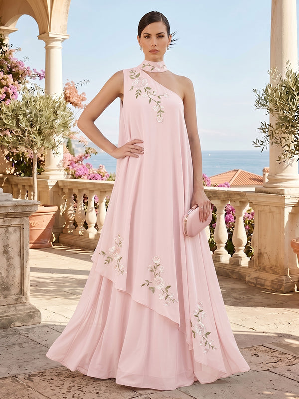 Chiffon A-Line/Princess One Shoulder Floor-Length Formal Dresses with Floral Embroidery