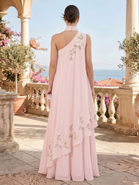 Chiffon A-Line/Princess One Shoulder Floor-Length Formal Dresses with Floral Embroidery