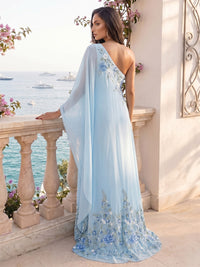 Chiffon A-Line/Princess One Shoulder Floor-Length Formal Dresses with Floral Embroidery