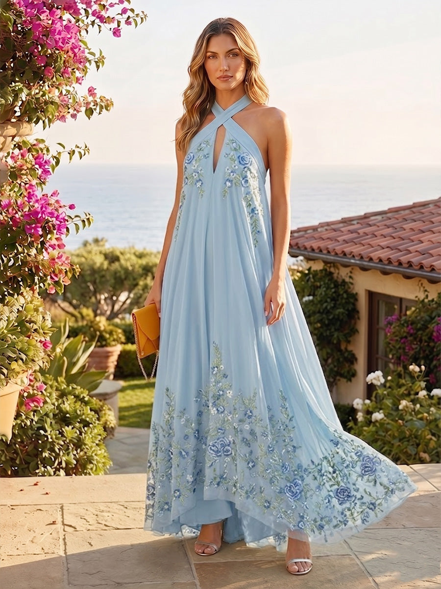 Chiffon A-Line/Princess High Neck Floor-Length Formal Dresses with Floral Embroidery & Pleats