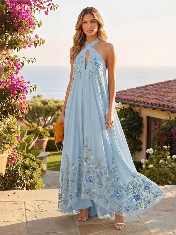 Chiffon A-Line/Princess High Neck Floor-Length Formal Dresses with Floral Embroidery & Pleats
