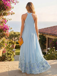 Chiffon A-Line/Princess High Neck Floor-Length Formal Dresses with Floral Embroidery & Pleats