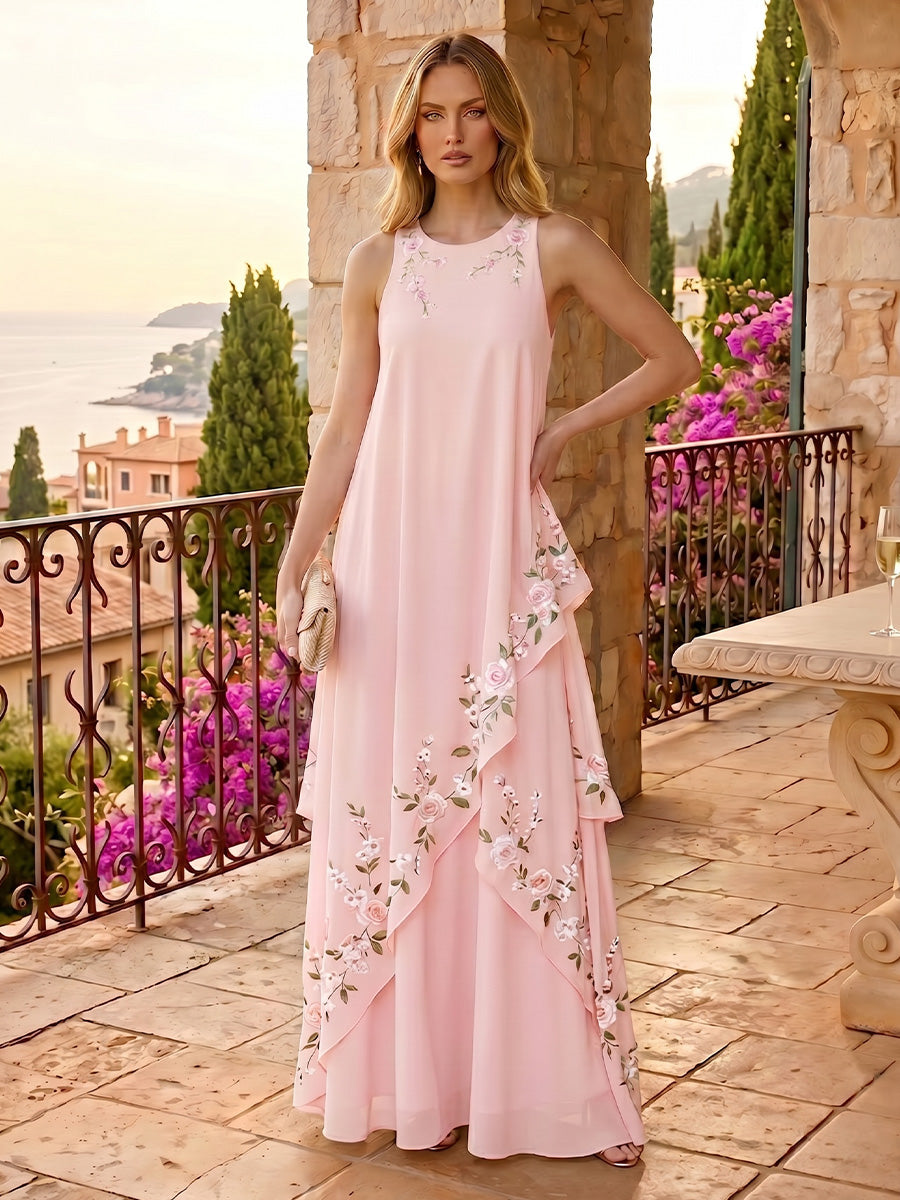 Chiffon A-Line/Princess Scoop Neck Floor-Length Formal Dresses with Floral Embroidery