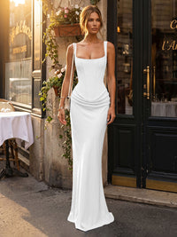 Chiffon Sheath/Column Square Neck Floor-Length Formal Dresses with Corset & Ruched Waist