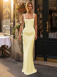 Chiffon Sheath/Column Square Neck Floor-Length Formal Dresses with Corset & Ruched Waist