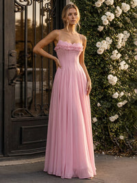 Chiffon A-Line/Princess Spaghetti Straps Floor-Length Formal Dresses with Pleats