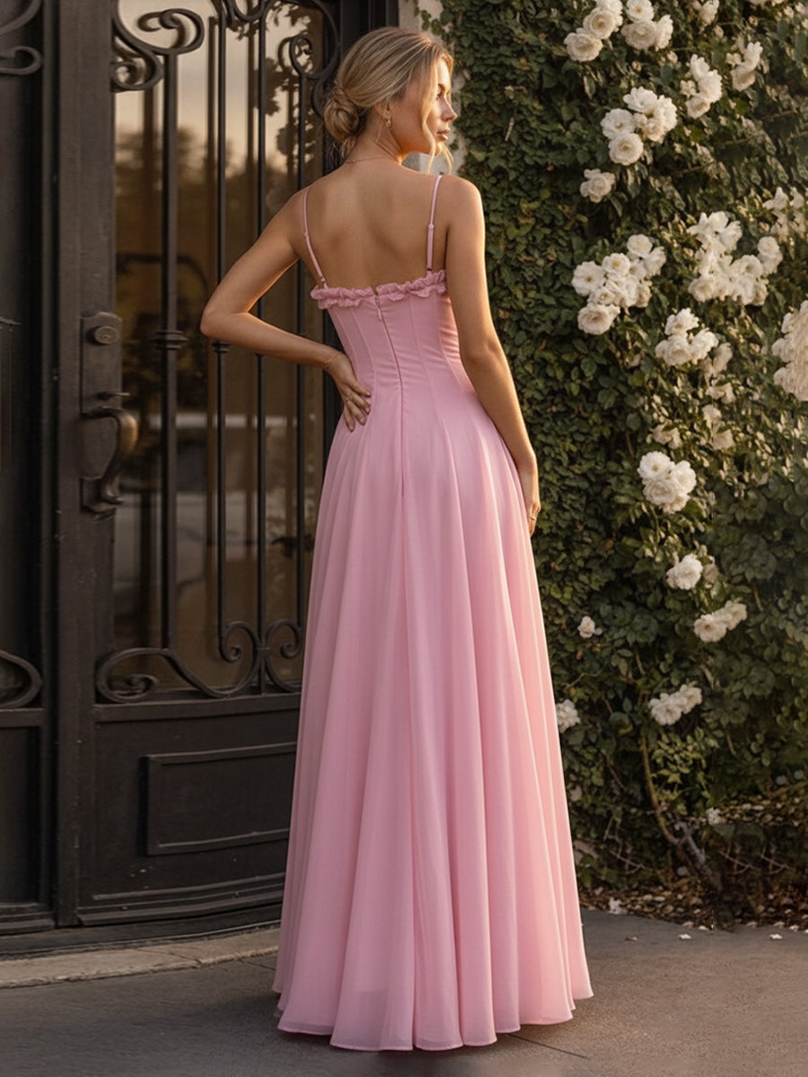 Chiffon A-Line/Princess Spaghetti Straps Floor-Length Formal Dresses with Pleats