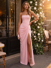 Chiffon Sheath/Column Strapless Floor-Length Formal Dresses with Ruched Waist & Slit
