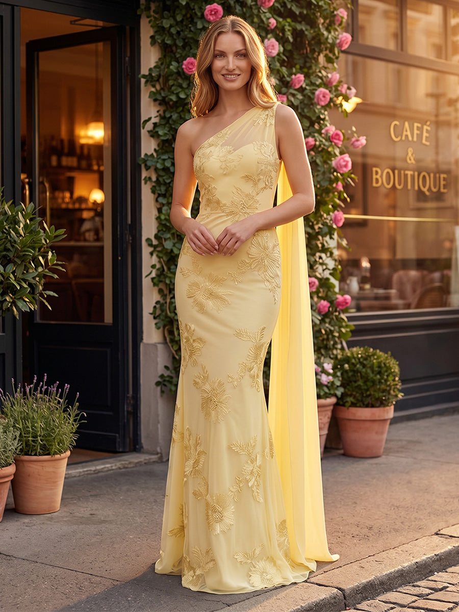 Chiffon Sheath/Column One Shoulder Floor-Length Formal Dresses with Side Draped Sash