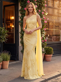 Chiffon Sheath/Column One Shoulder Floor-Length Formal Dresses with Side Draped Sash
