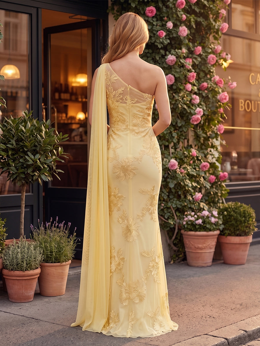 Chiffon Sheath/Column One Shoulder Floor-Length Formal Dresses with Side Draped Sash