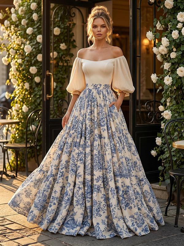 Floral Print A-Line/Princess Off Shoulder Floor-Length Formal Dresses with Pleats