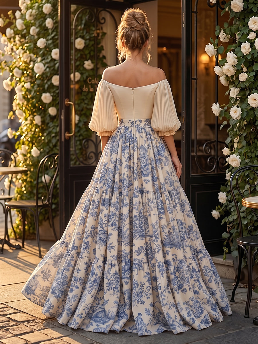 Floral Print A-Line/Princess Off Shoulder Floor-Length Formal Dresses with Pleats