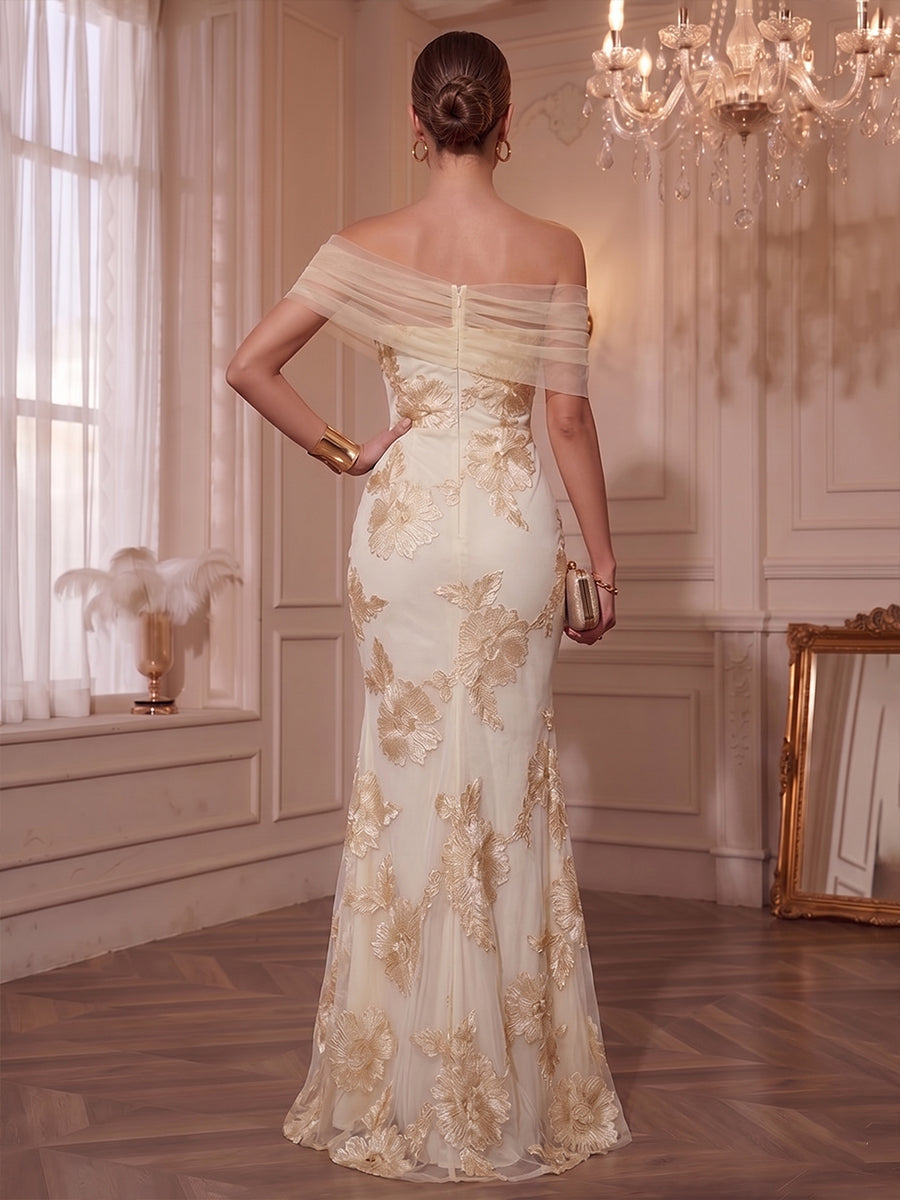 Jacquard Sheath/Column Off Shoulder Floor-Length Formal Dresses with Slit