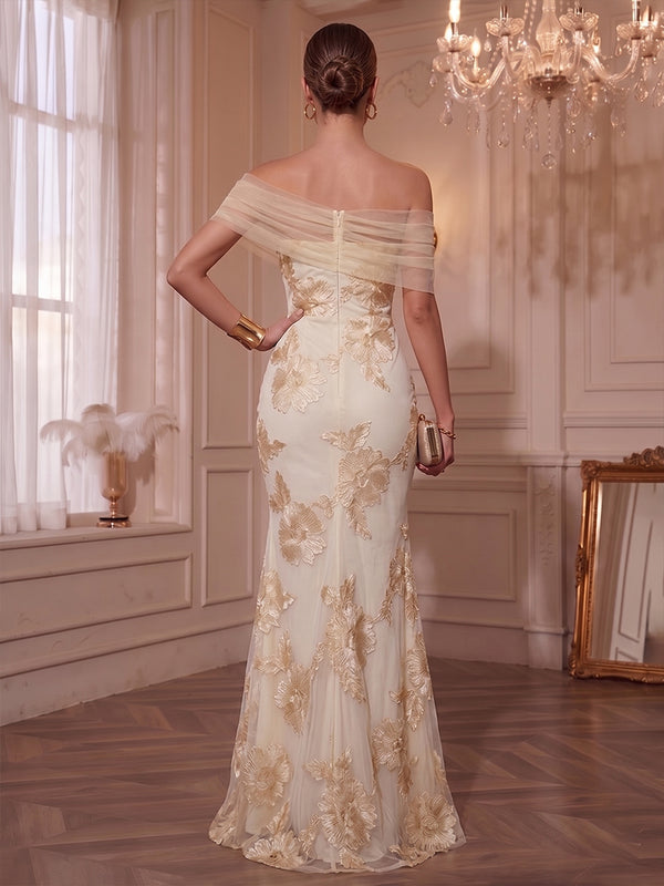 Jacquard Sheath/Column Off Shoulder Floor-Length Formal Dresses with Slit