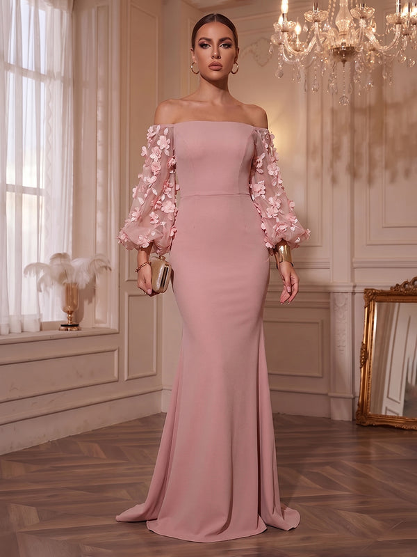 Chiffon Sheath/Column Off Shoulder Floor-Length Formal Dresses with 3D Flowers
