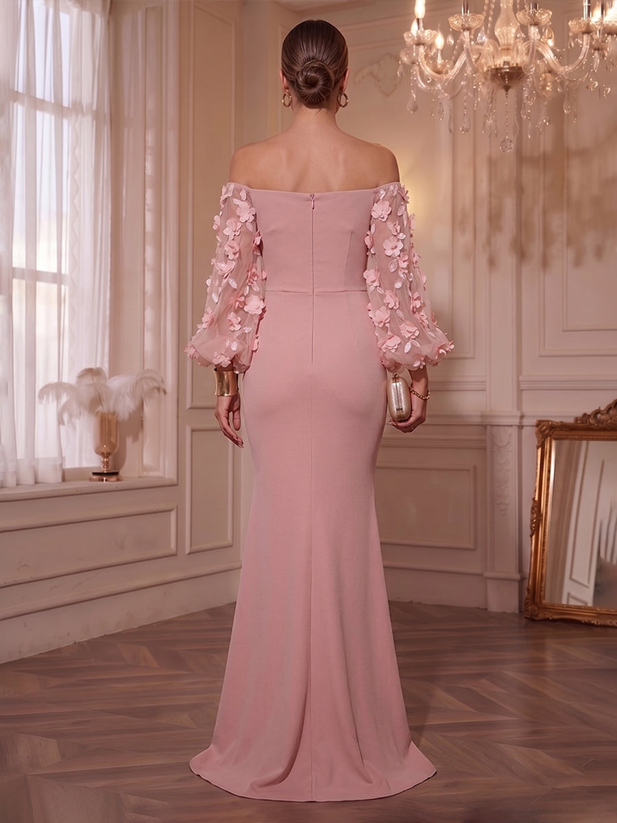 Chiffon Sheath/Column Off Shoulder Floor-Length Formal Dresses with 3D Flowers