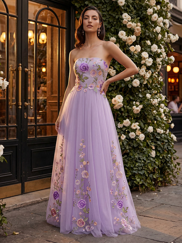 Tulle A-Line/Princess Strapless Floor-Length Formal Dresses with Floral Embroidery
