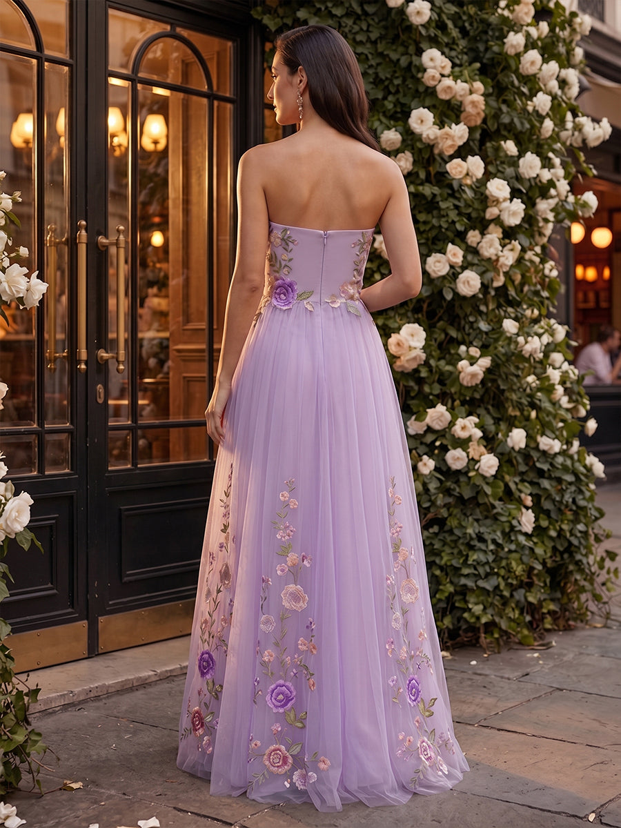 Tulle A-Line/Princess Strapless Floor-Length Formal Dresses with Floral Embroidery