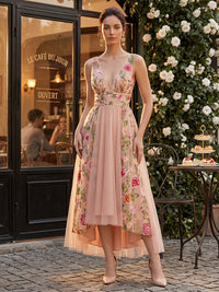 Tulle A-Line/Princess V-Neck High-Low Formal Dresses with Floral Embroidery