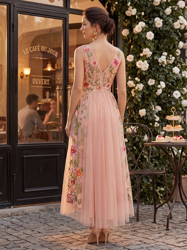 Tulle A-Line/Princess V-Neck High-Low Formal Dresses with Floral Embroidery