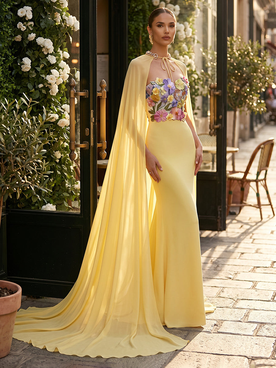 Chiffon Sheath/Column Strapless Floor-Length Formal Dresses with Sweep Train