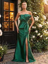Satin Sheath/Column Strapless Floor-Length Formal Dresses with Slit & Bow