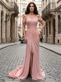 Chiffon Sheath/Column Off Shoulder Floor-Length Formal Dresses with Ruched Waist & Slit