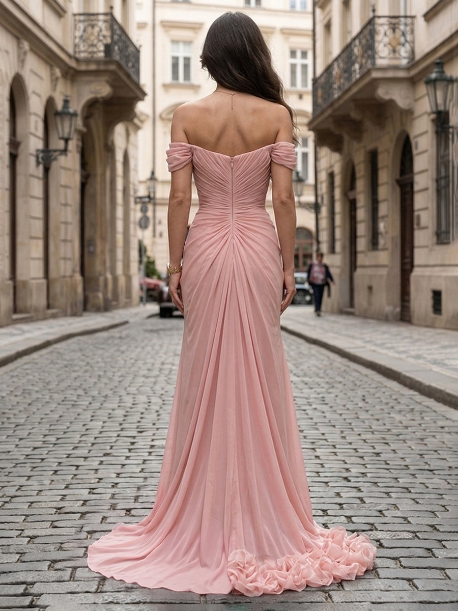 Chiffon Sheath/Column Off Shoulder Floor-Length Formal Dresses with Ruched Waist & Slit
