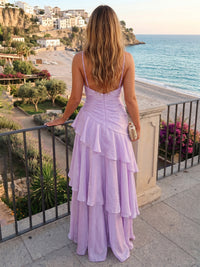 Chiffon A-Line/Princess Spaghetti Straps Floor-Length Formal Dresses with Tiered Layers & Ruffles