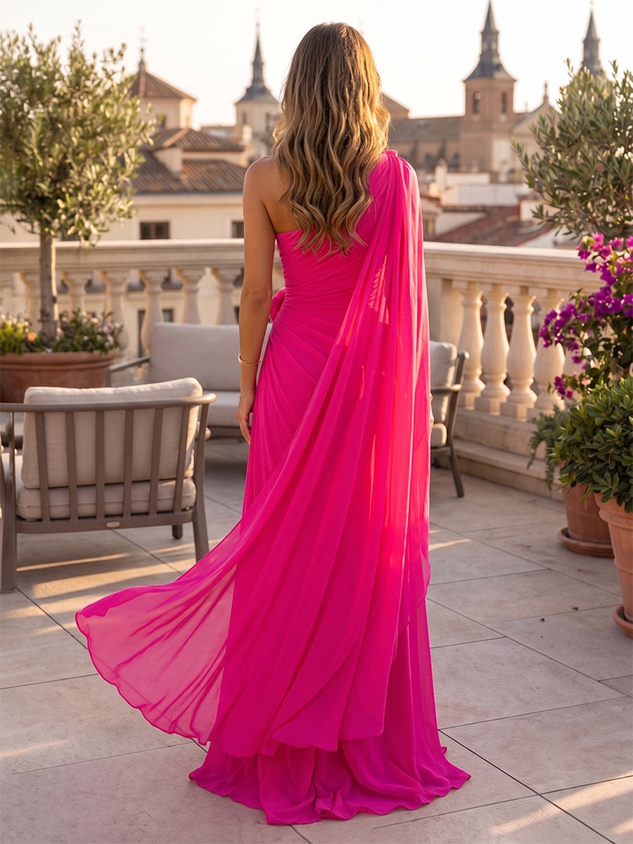 Chiffon Sheath/Column One Shoulder Floor-Length Formal Dresses with Pleats & Slit