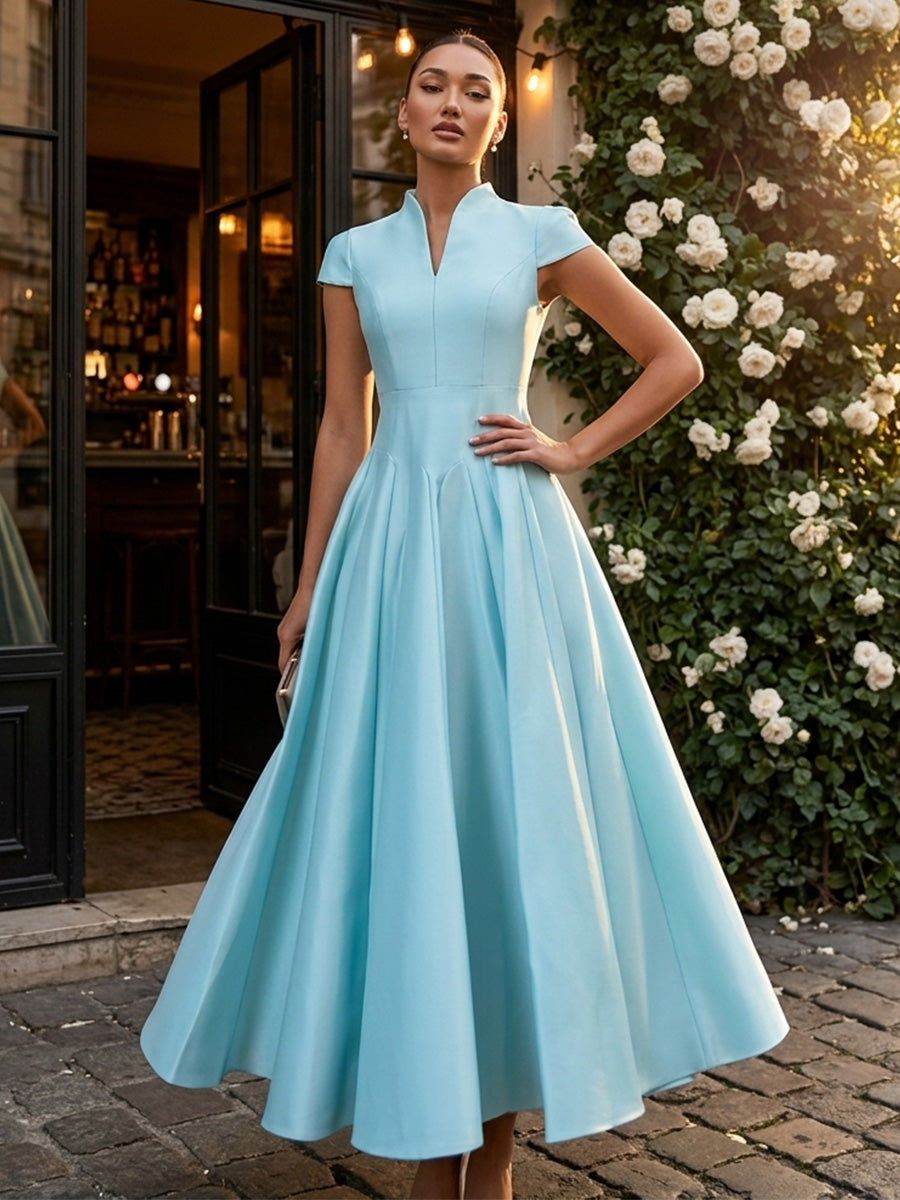Satin A-Line/Princess V-Neck Floor-Length Formal Dresses with Pleats