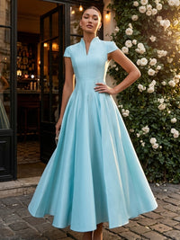 Satin A-Line/Princess V-Neck Floor-Length Formal Dresses with Pleats